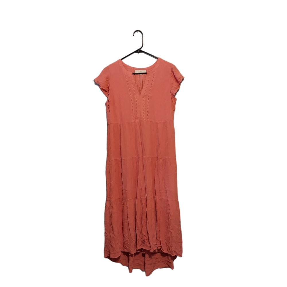 Boho Peasant Dress Loft Tiered Milkmaid Babydoll Maxi Size Small Pink Festival